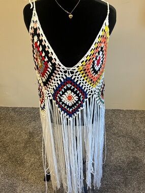 Handmade White Crochet Fringe Tank Top with Multicolor Diamond Motifs